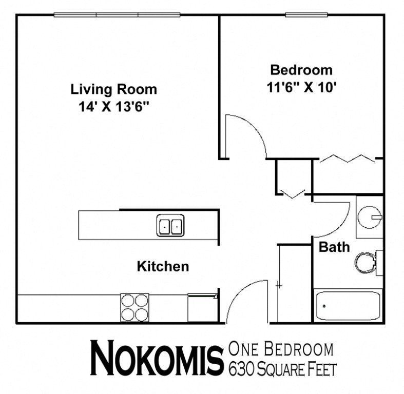 Floor plan for 1 bed, 1 bath, 630 sqft